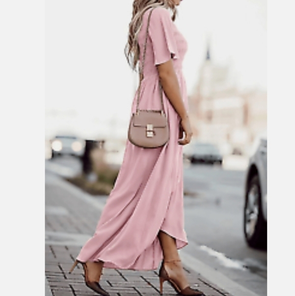 Zattcas Smocked Maxi High/Low Short Sleeve Vneck Flowy Dress in Pink Size XL - Picture 3 of 15